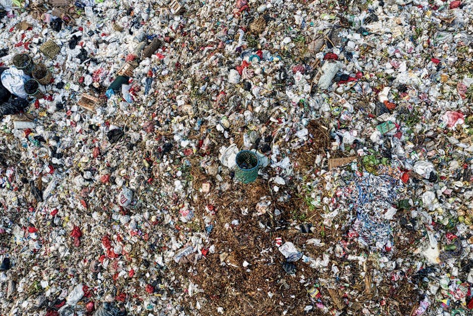 A large expanse of mixed waste and garbage scattered across an outdoor area, including plastic bottles, paper, cardboard, and organic matter, with some items partially buried or piled on top of each other. Among the debris, a small plastic bucket and stray pieces of wood are visible, indicating manual waste collection or clearance activities. The ground beneath the rubbish appears uneven and contaminated, with soil, dirt, and decomposing organic material intermixed. In the background, remnants of discarded packaging and household waste suggest an unmanaged, possibly unofficial waste dump site. The overall scene reflects a high-density accumulation of refuse commonly associated with unmanaged rubbish deposits, which may be subject to disposal or cleanup by waste management services like Waste Disposal Greenwich, offering alternative rubbish removal solutions that include on-site clearance or private disposal methods for large quantities of refuse.